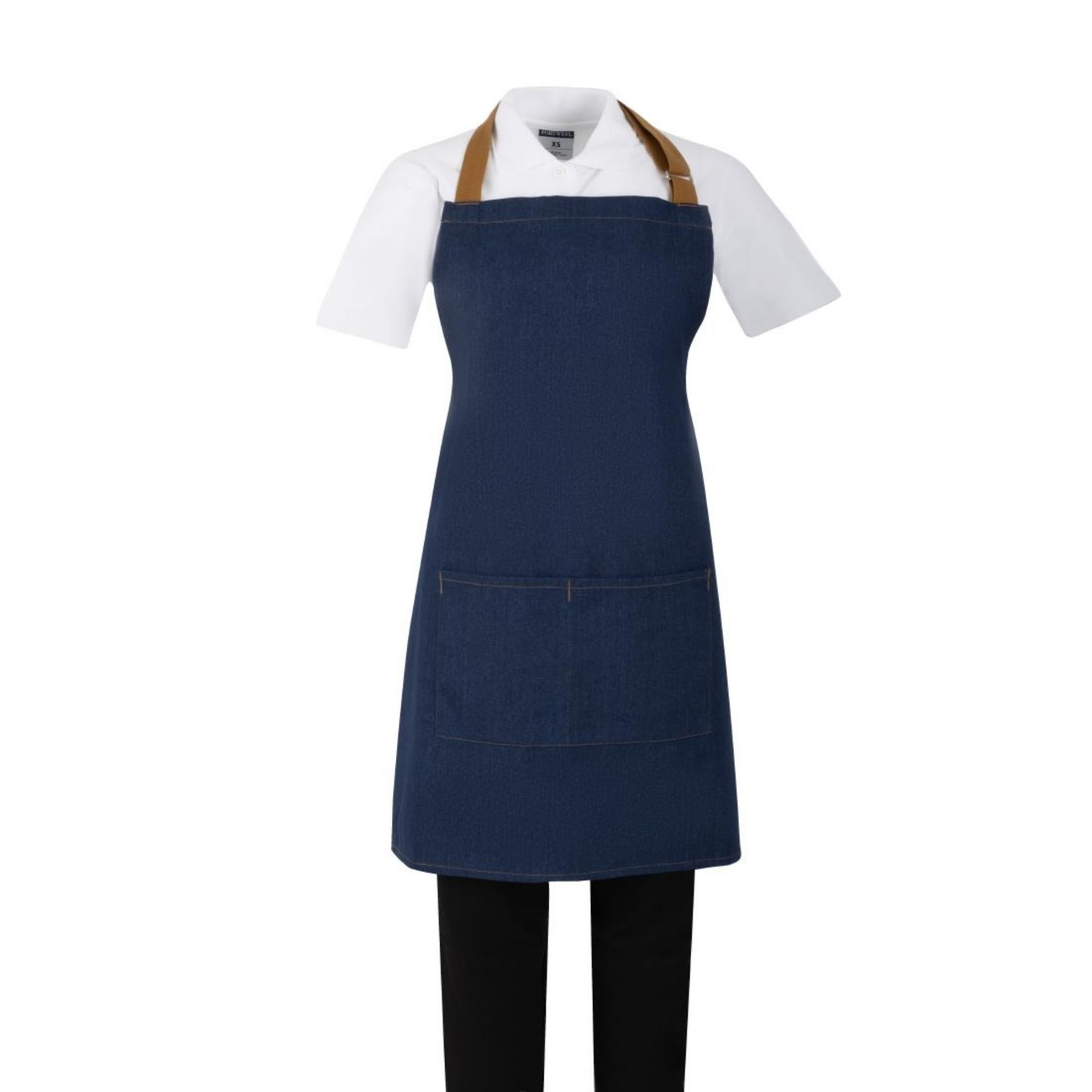 Picture of Southside Short Length Bib Apron Denim Blue with Tan Ties - BA158