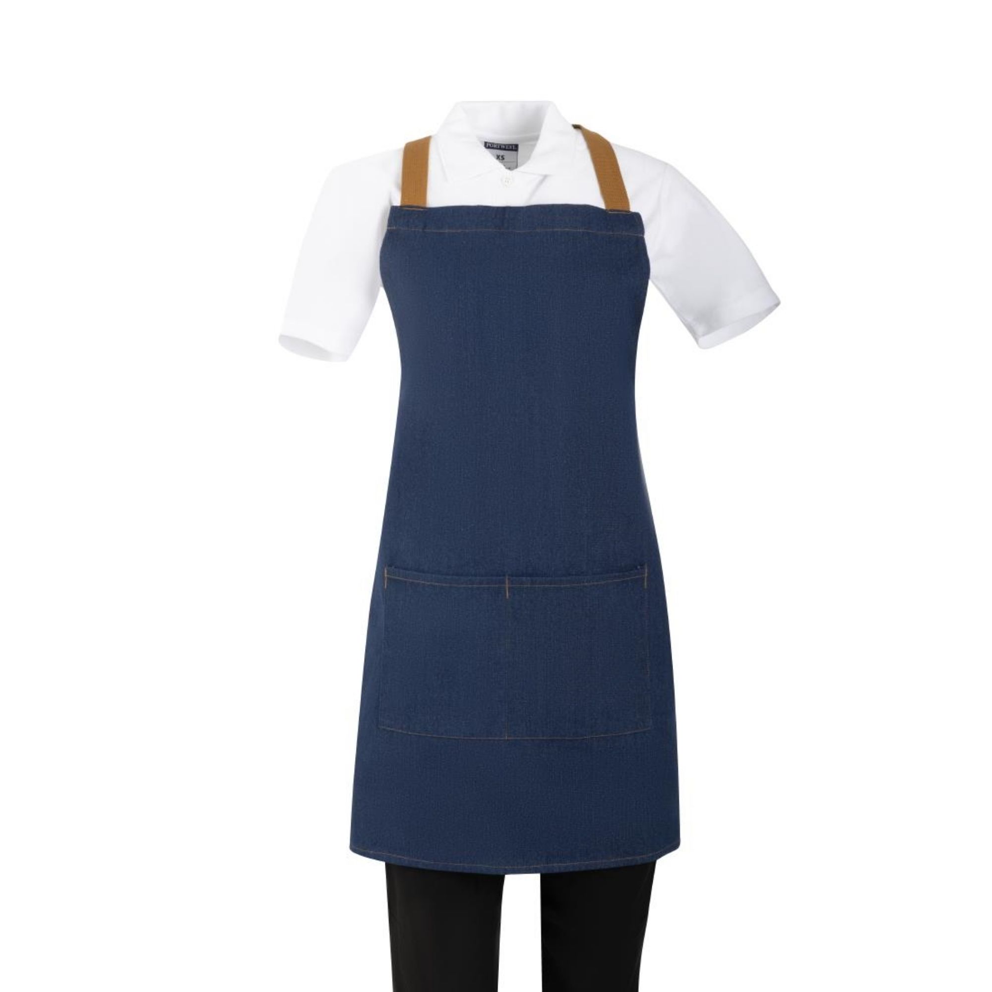 Picture of Southside Short Length X-Cross Back Bib Apron Denim Blue with Tan Ties - BA159