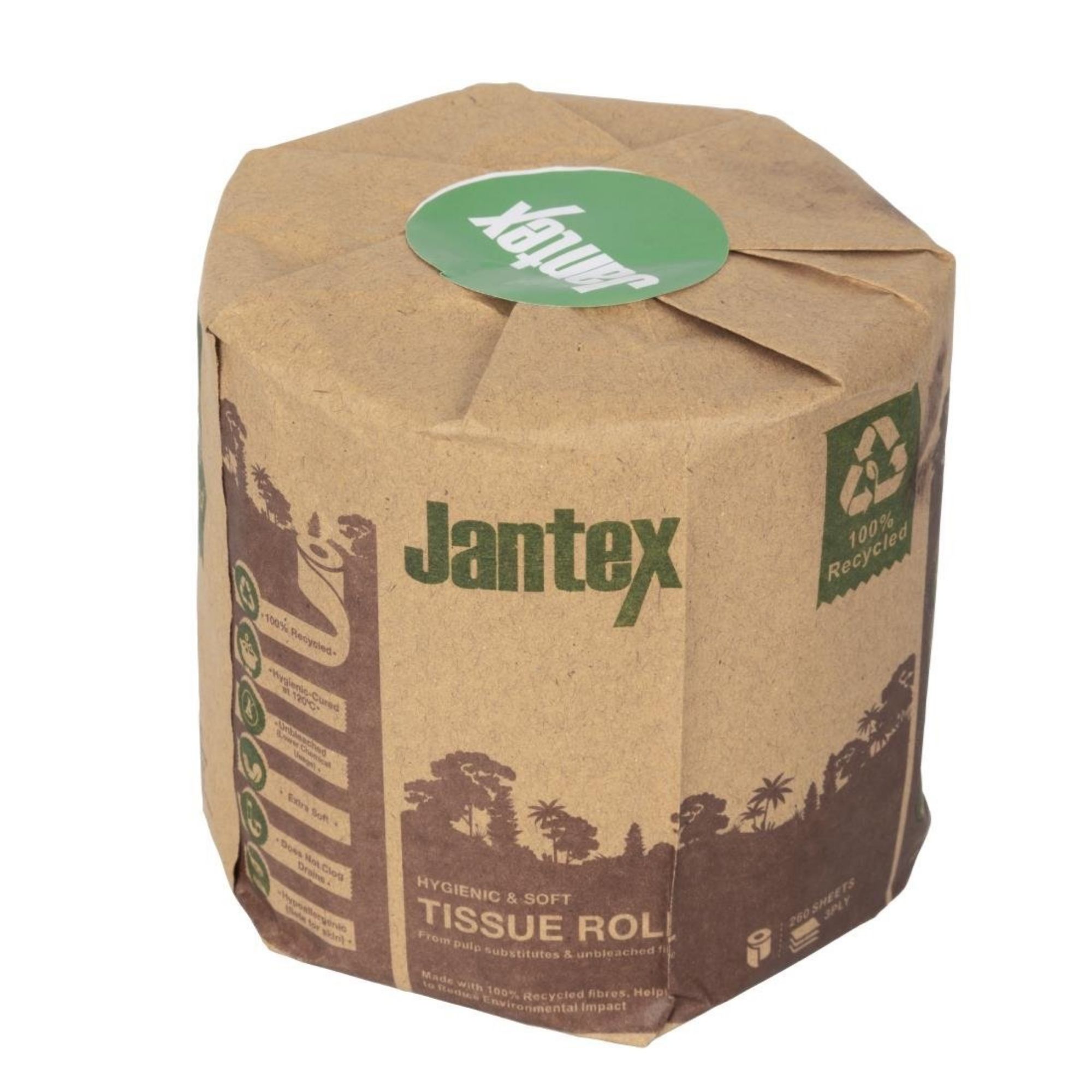 Picture of Jantex Green 100% Recycled Wrapped Toilet Roll 3ply 260 Sheets (36 Pack) - HX934