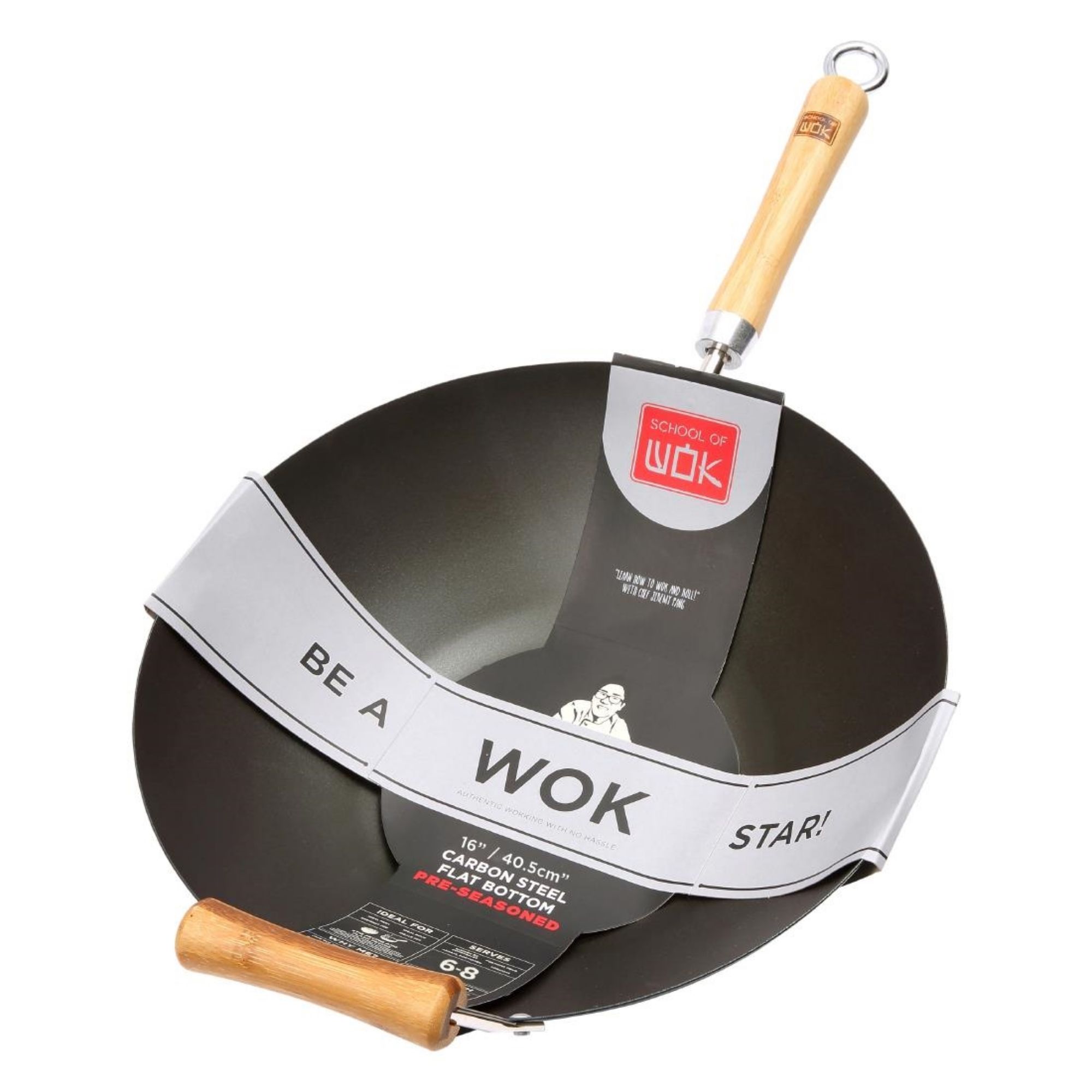 Picture of Dexam School of Wok Carbon Steel Flat Base Non-Stick Wok 405mm - HR298